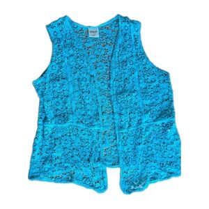 Openwork Fishnet Cardi Vest Festival Retro 70's Turquoise Granny Scalloped Large